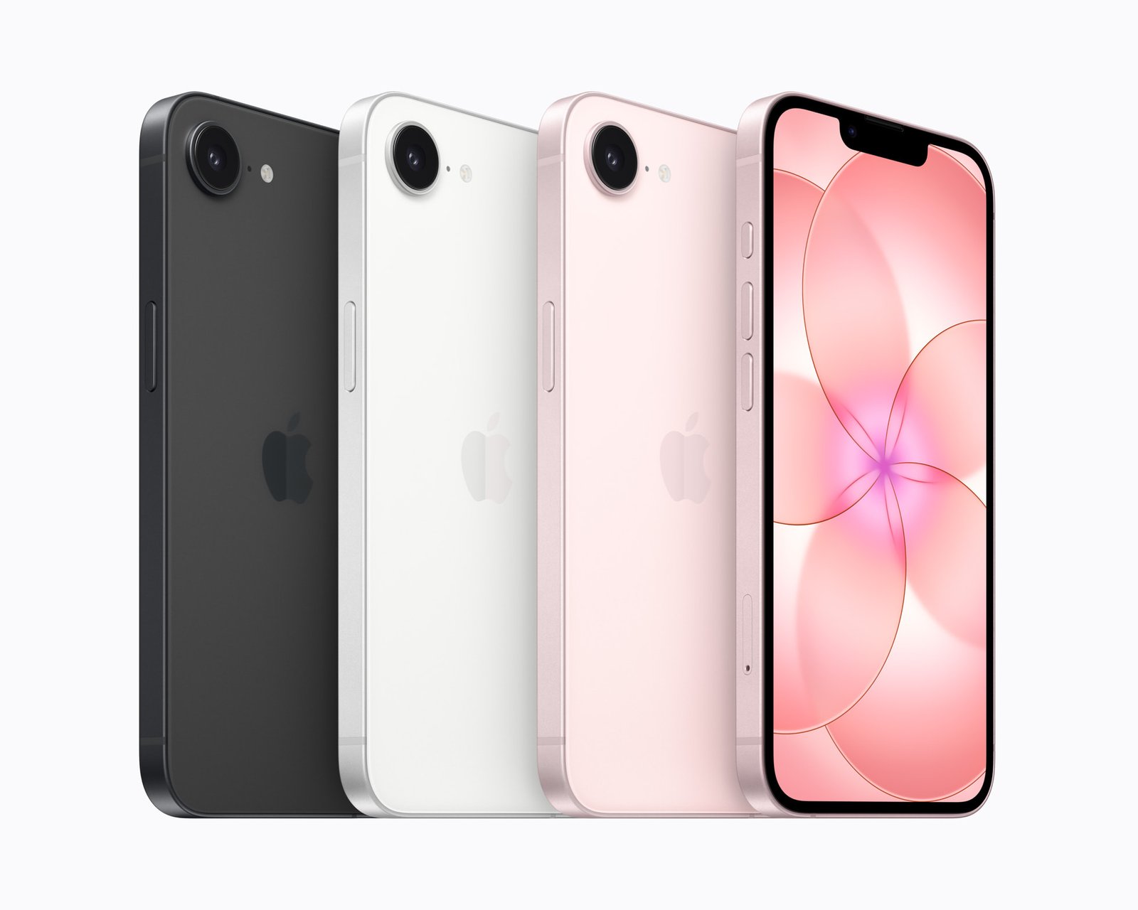 iPhone 17e nas três cores oficiais: preto, branco e rosa-pálido