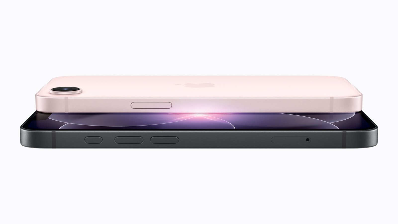 iPhone 17e rosa-pálido e preto vistos de lado em imagem oficial da Apple