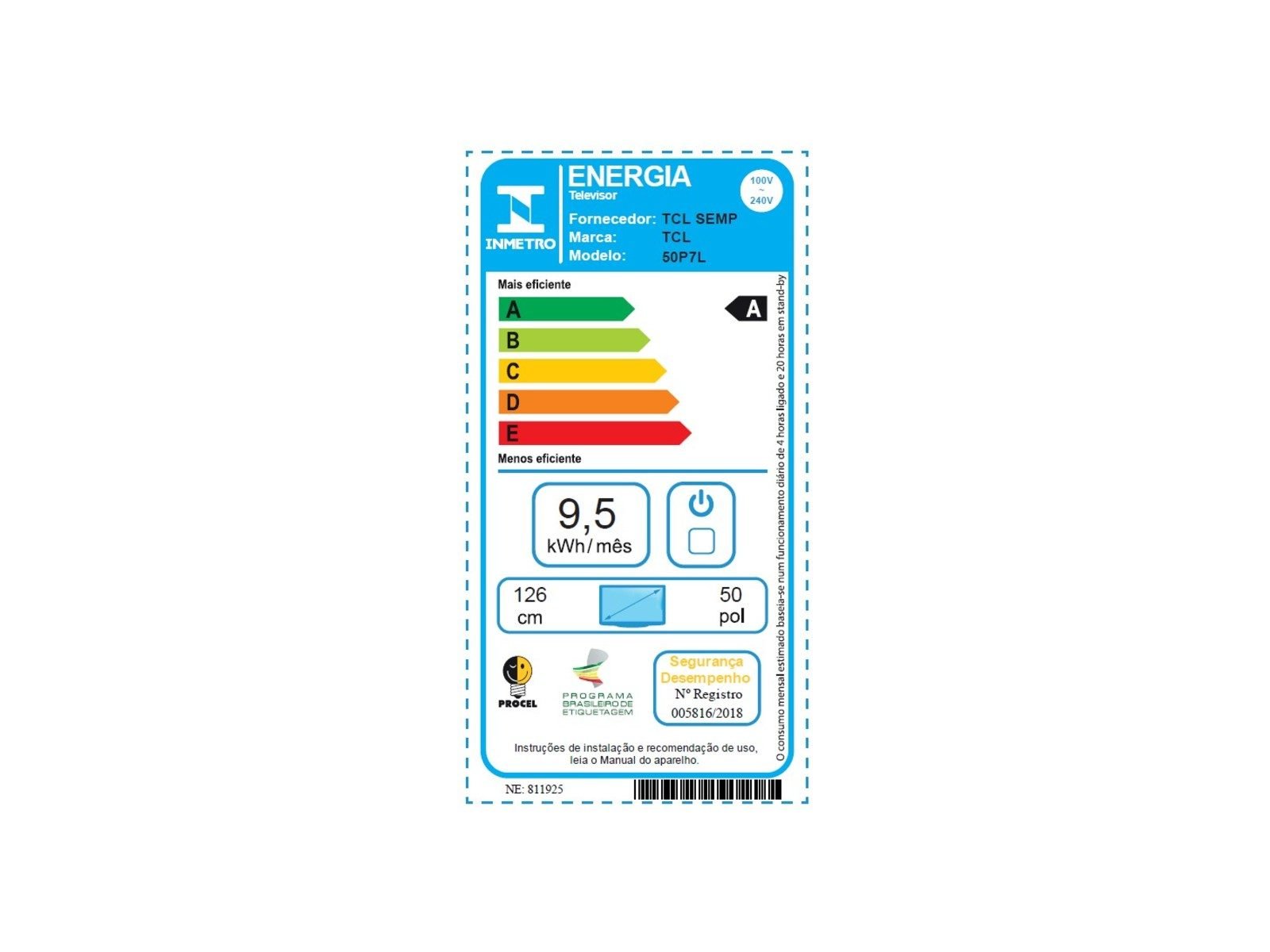 Etiqueta Inmetro da TCL 50P7L: selo A de eficiencia, 9,5 kWh por mes e diagonal de 126 cm