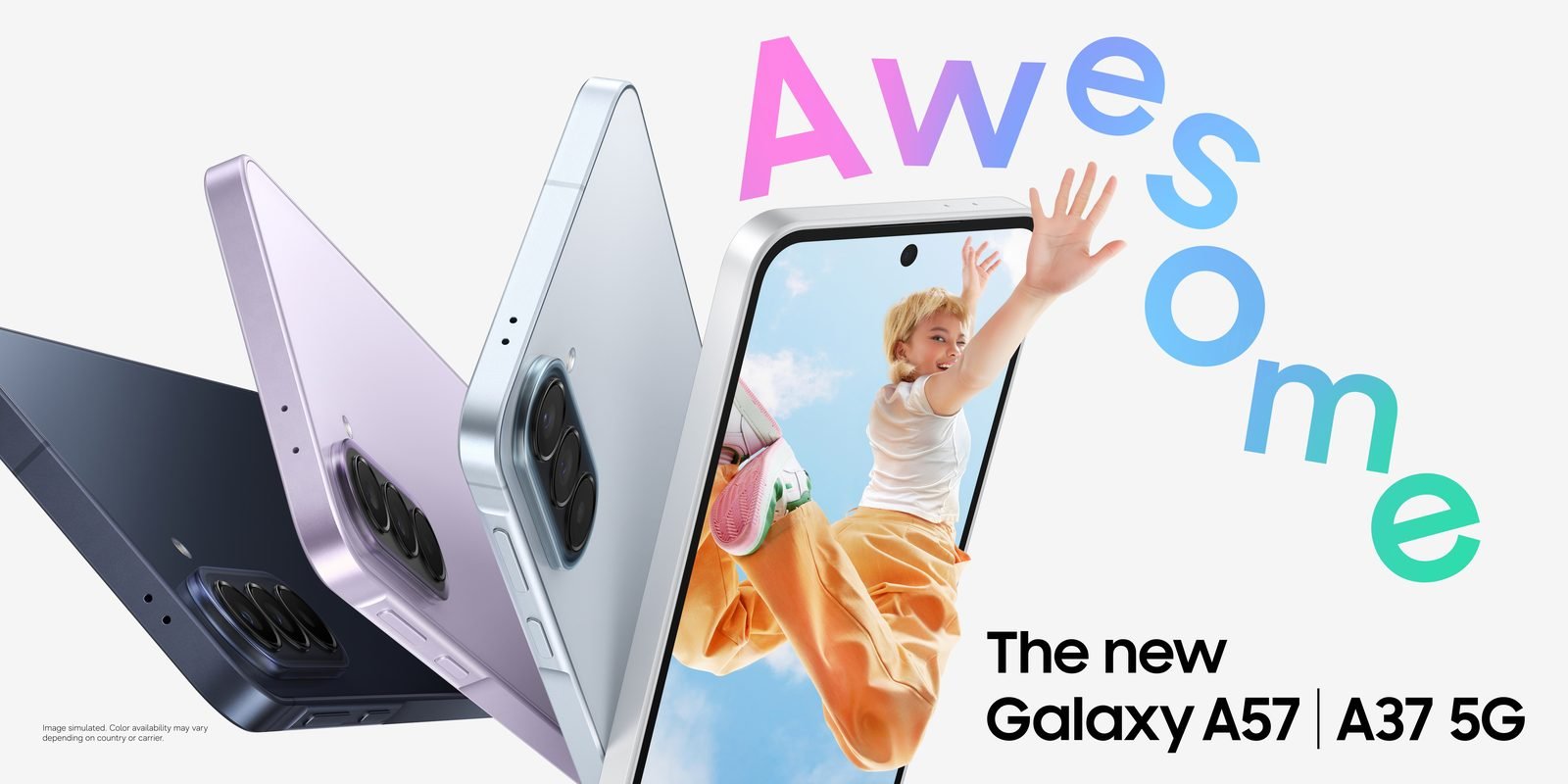 Samsung Galaxy A57 5G em vista frontal com tela ligada (press-kit oficial Samsung)